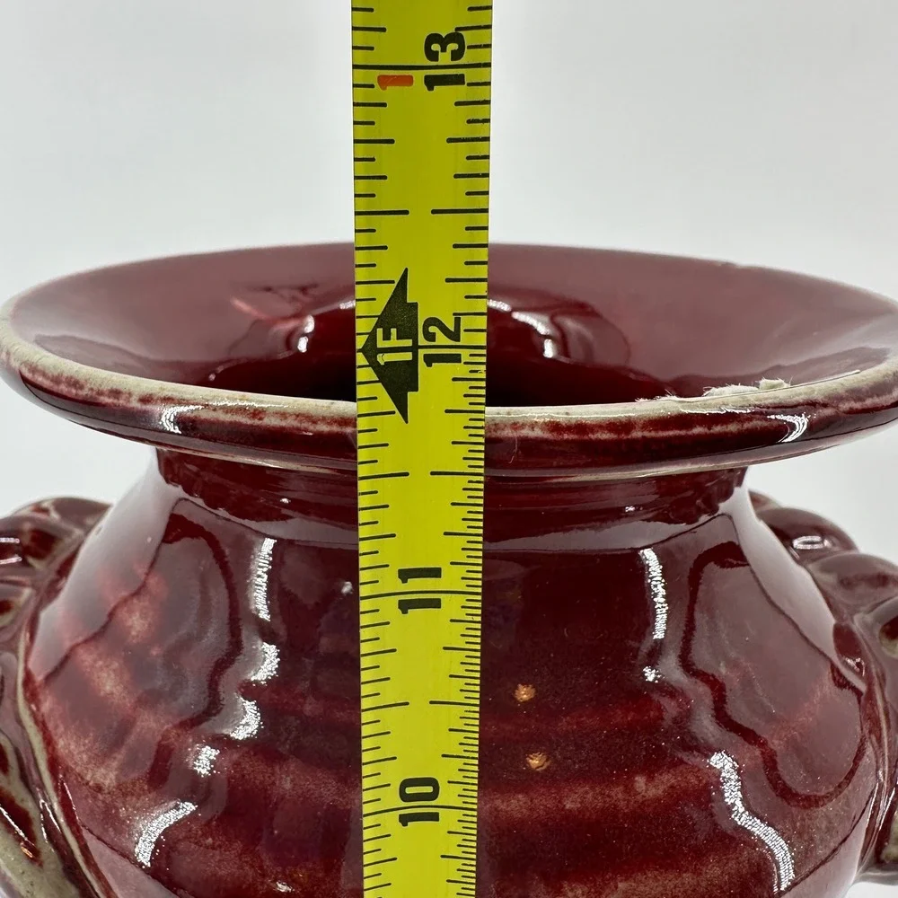 Burgundy Glazed Ceramic Fleur De Lis Vase with Scrolled Handles 12 Inch